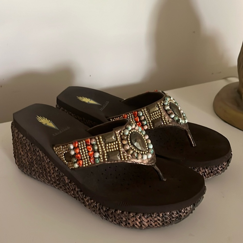 Volatile tribal beaded wedge raffia sandal
